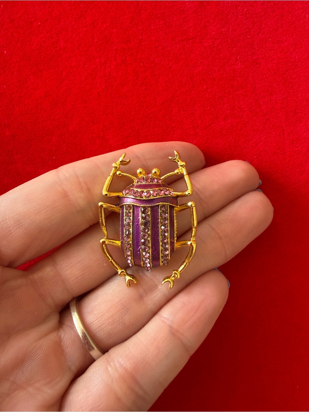 American Vintage Gold-Tone Scarab Brooch with Pink Crystals